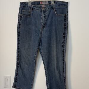 COSJEANS Women's Capri Jeans Blue Denim Solid Embroidered Button 5-Pocket 14